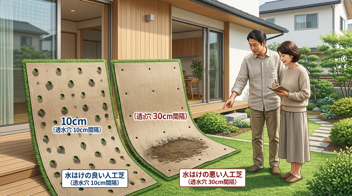 水はけの良い人工芝（透水穴が10cm間隔で大きく空いている製品）と、水はけの悪い人工芝（透水穴が30cm間隔で小さい製品）の裏面を並べて比較している写真。違いが一目でわかるようにする。]