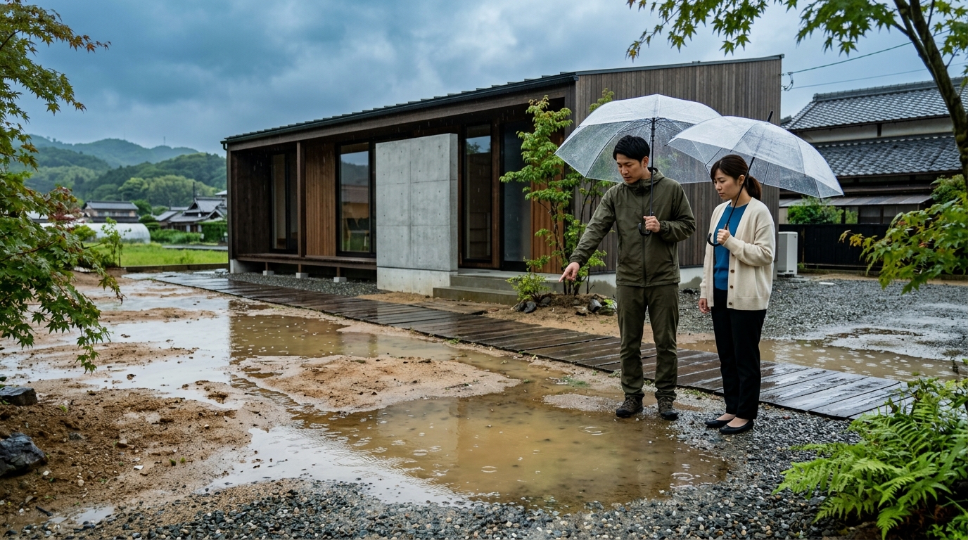 雨が降った後、庭のあちこちに水たまりができて、なかなか水が引かない状態の土地の写真。このような土地は要注意であることを示す。]