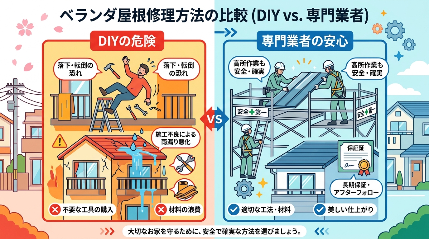 現代日本をベースに、日本人や日本の風景を使用すること, ベランダ屋根の修理方法を比較するインフォグラフィック。画面を左右に分割し、左に「DIYの危険」、右に「専門業者の安心」を配置。左側は、脚立から落