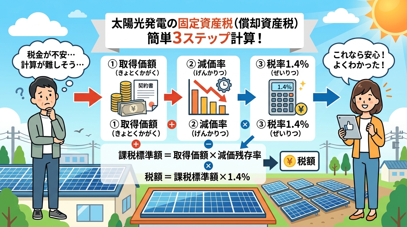 日本人と現代日本を舞台にすること, 太陽光発電の固定資産税（償却資産税）の計算方法を解説するインフォグラフィック。中央に「簡単3ステップ計算！」とタイトルを配置。左に「税金が不安…」と悩む人物、右に「