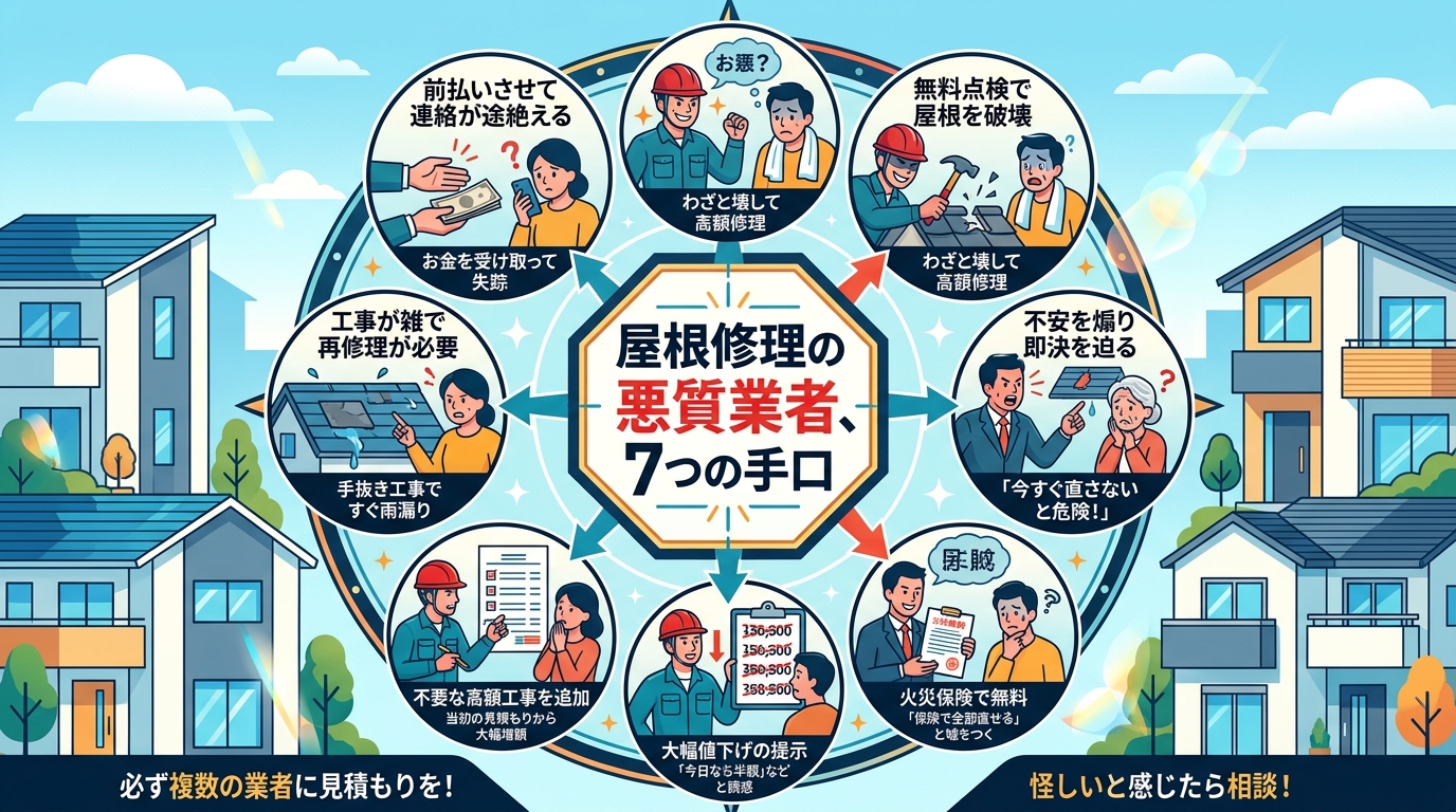 現代日本をベースに、日本人や日本の風景を使用すること, 「屋根修理の悪質業者、7つの手口」をテーマにしたインフォグラフィック。フラットデザインの明るいデジタルイラスト。中央にタイトルを配置し、その周り