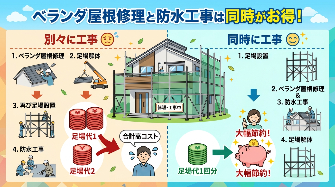 現代日本をベースに、日本人や日本の風景を使用すること, 「ベランダ屋根修理と防水工事は同時がお得!」というタイトルのインフォグラフィック。左右で比較する構図で、中央に足場のある家を配置。左側に「別々に