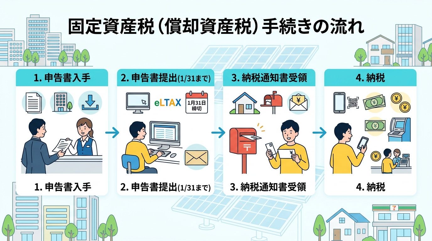 日本人と現代日本を舞台にすること, 「固定資産税（償却資産税）手続きの流れ」というタイトルのインフォグラフィック。明るく分かりやすいフラットデザインのデジタルイラストで、4つのステップからなるフロー図