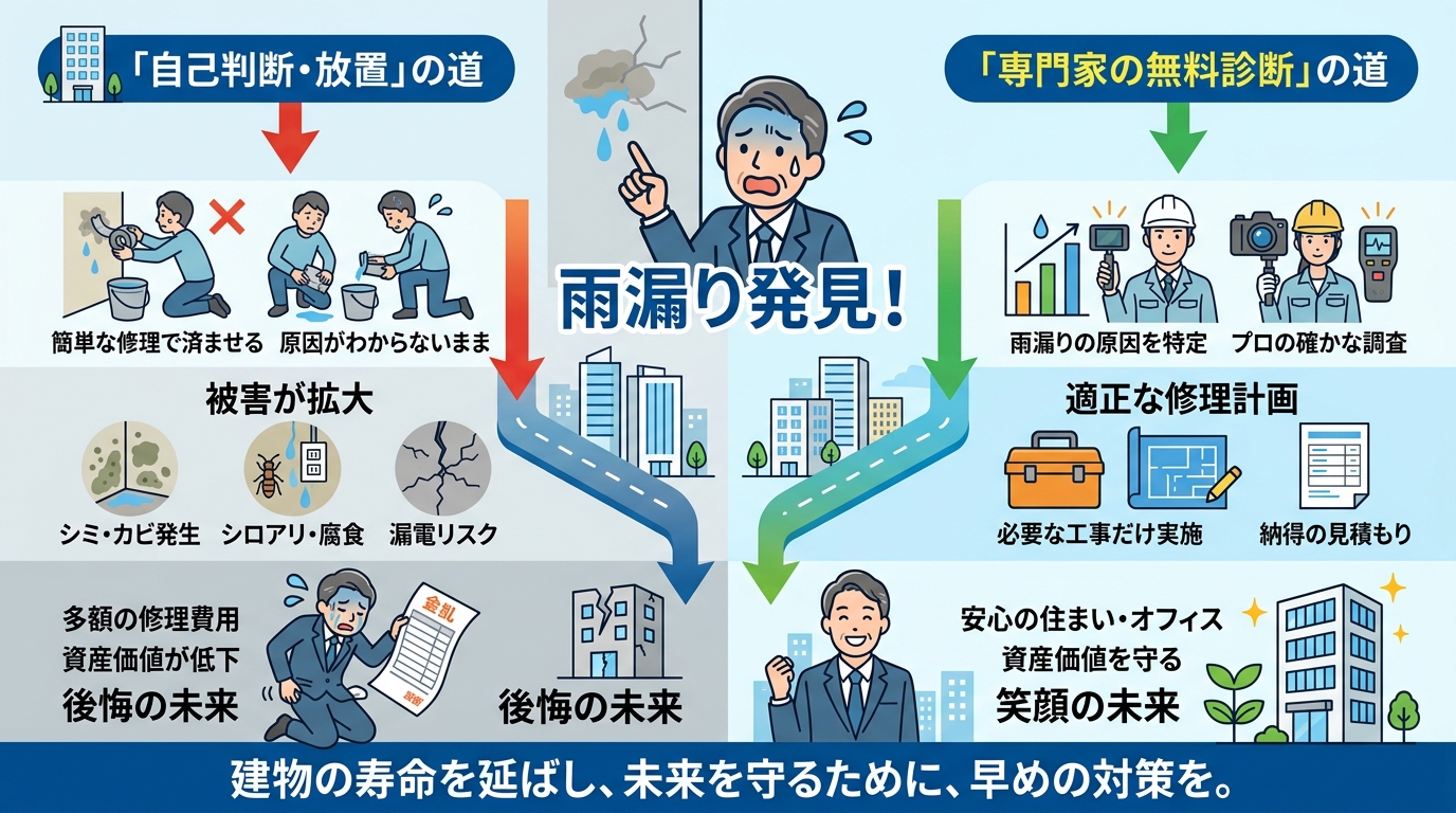 現代日本をベースに、日本人や日本の風景を使用すること, ビルの雨漏り修理の重要性を示すインフォグラフィック。上部に困った顔のビルオーナーと「雨漏り発見！」の文字。そこから左右に分岐し、左は「自己判断・