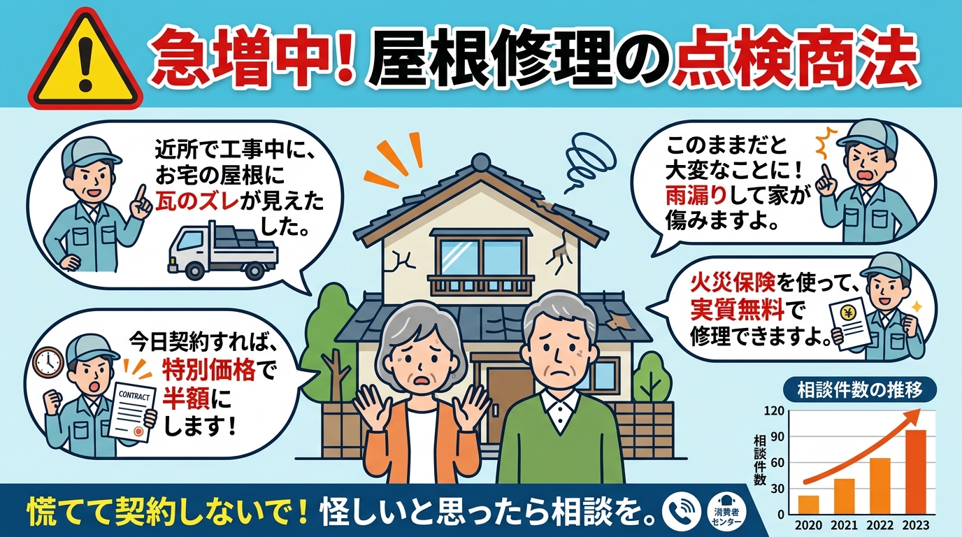 現代日本をベースに、日本人や日本の風景を使用すること, 屋根修理の点検商法に関する注意喚起のインフォグラフィック。中央に困った表情の高齢者と家を配置し、その周りに悪徳業者の4つの手口「近所で工事中に&hellip;