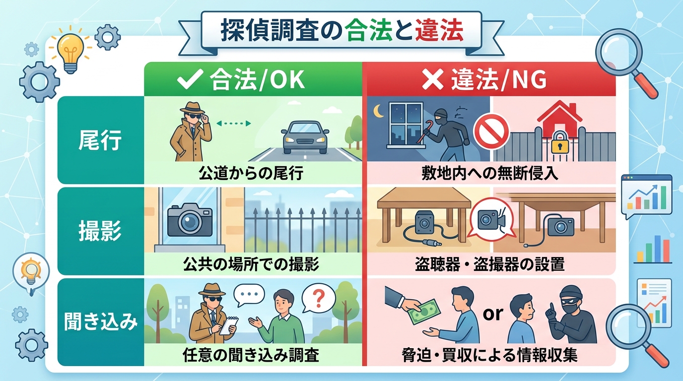 インフォグラフィック「探偵調査の合法と違法」。クリーンなデジタルイラスト。画面を中央線で分け、左側は緑色の「合法/OK」、右側は赤色の「違法/NG」とする比較表。上から「尾行」「撮影」「聞き込み」の3
