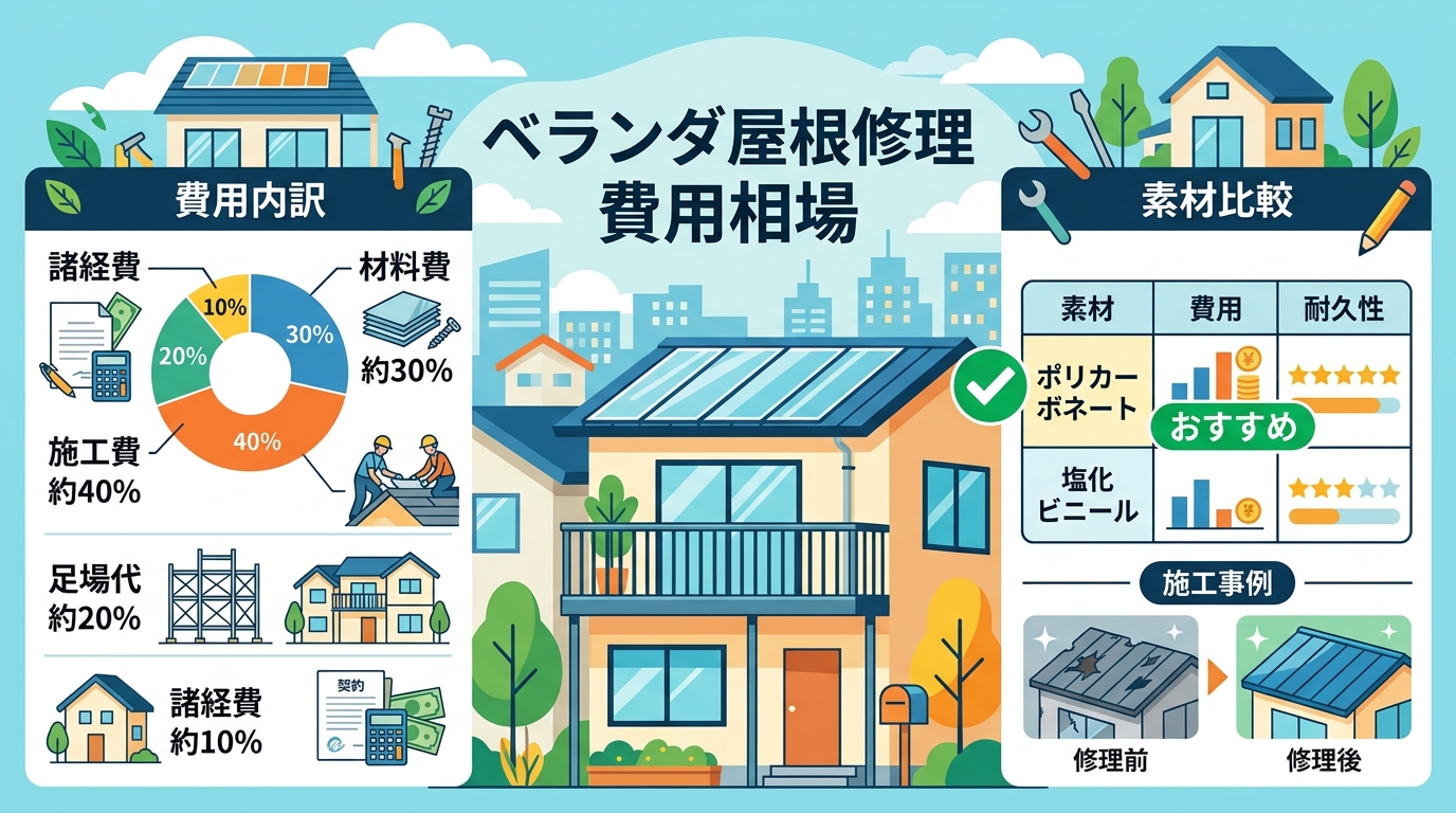 現代日本をベースに、日本人や日本の風景を使用すること, ベランダ屋根修理の費用相場を解説するインフォグラフィック。フラットデザインのデジタルイラストで、明るい配色。中央に「ベランダ屋根修理 費用相場」