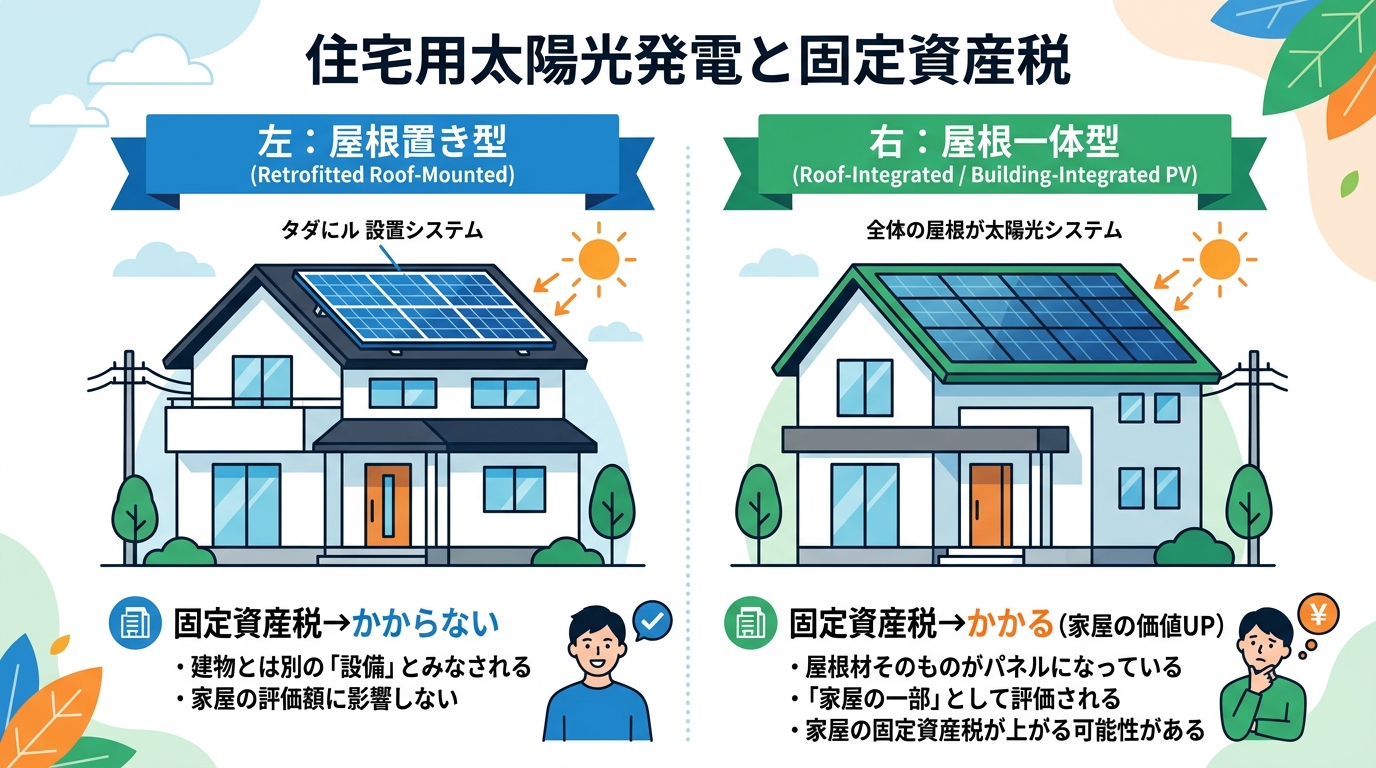 日本人と現代日本を舞台にすること, 「住宅用太陽光発電と固定資産税」というタイトルのインフォグラフィック。2つの家を左右に並べた比較図。左の家は「屋根置き型」で、屋根の上にソーラーパネルがあり、「固定