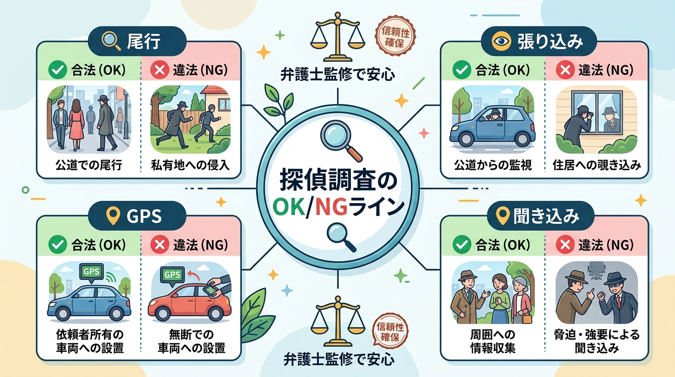 探偵調査の合法と違法の境界線を解説するインフォグラフィック。中央に「探偵調査のOK/NGライン」というタイトルと虫眼鏡のアイコンを配置。その周りに「尾行」「張り込み」「GPS」などの項目を設け、それぞ