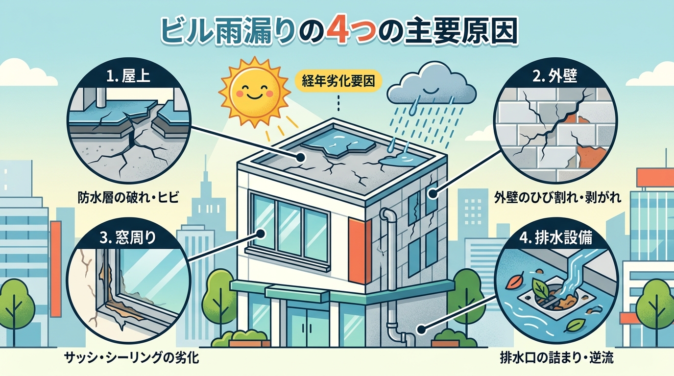 現代日本をベースに、日本人や日本の風景を使用すること, ビルの雨漏りを引き起こす4つの主要な原因、「屋上」「外壁」「窓周り」「排水設備」を解説するインフォグラフィック。中央にビルのイラストを配置し、各