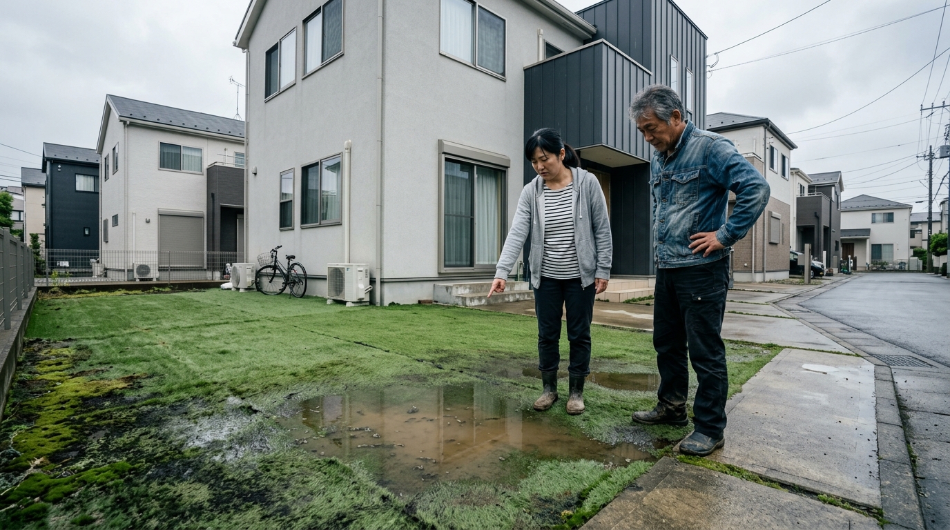 人工芝に大きな水たまりができていたり、端の部分にカビや苔が生えてしまっている失敗現場の写真。読者の問題意識を喚起する。]