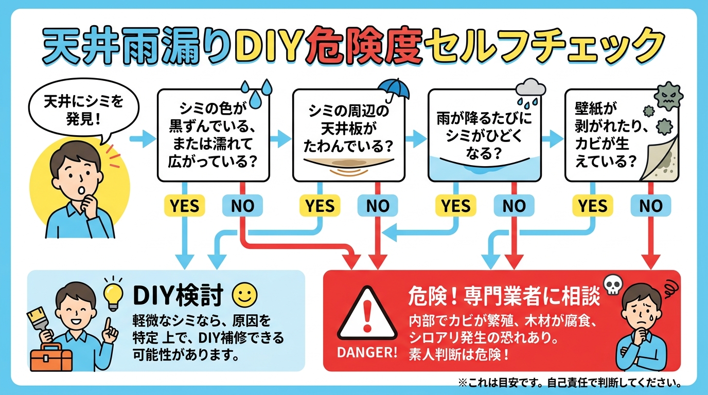 現代日本をベースに、日本人や日本の風景を使用すること, 「天井雨漏りDIY危険度セルフチェック」というタイトルのインフォグラフィック。白背景のフラットなベクターイラスト。「天井のシミを発見」した人物が