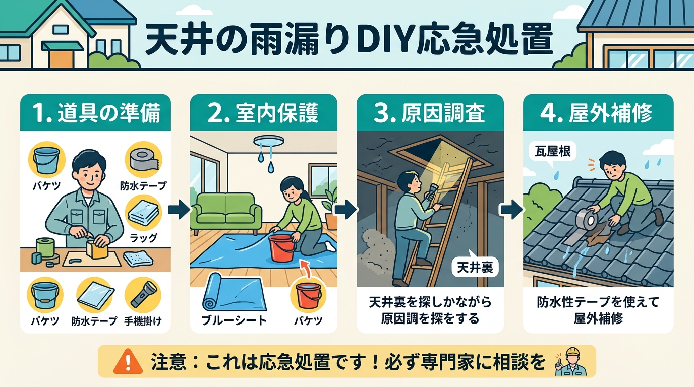 現代日本をベースに、日本人や日本の風景を使用すること, 「天井の雨漏り DIY応急処置」というタイトルのインフォグラフィック。4つの手順を番号と矢印で示すステップ図。1.道具の準備(バケツ、防水テープ