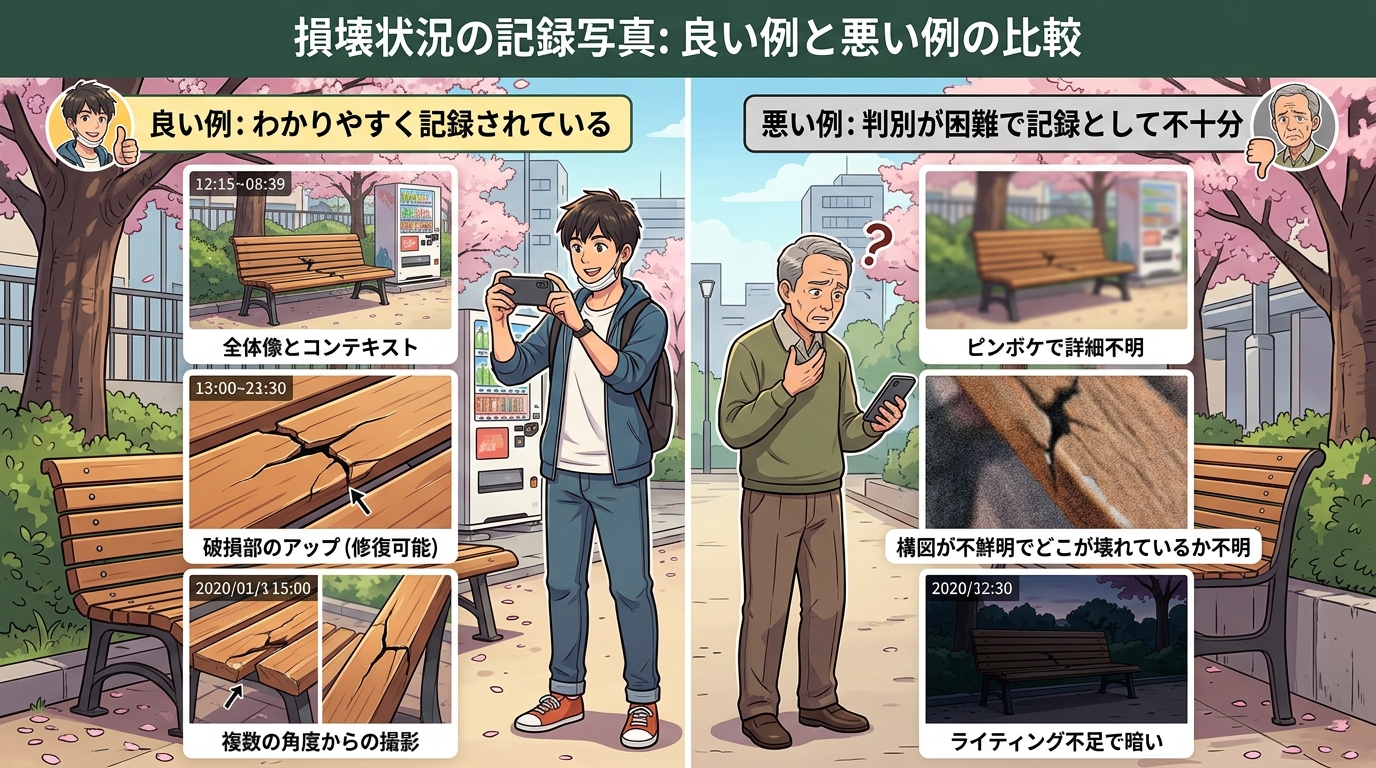 破損状況を記録する写真の良い例（全体像、破損部のアップ、複数の角度から撮影したもの）と悪い例（ピンボケ、どこが壊れているか不明瞭なもの）の比較画像。]