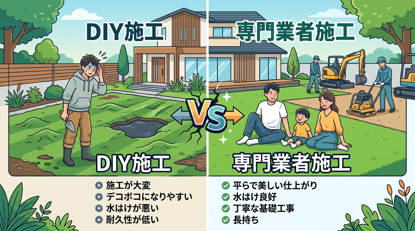 日本人と日本人の近代住宅・風景。参照画像の画風・テイスト・タッチでのイラストの作成。必要に応じてカラーにして。, 人工芝施工の「DIY」と「専門業者」を比較するインフォグラフィック。左半分に「DIY」