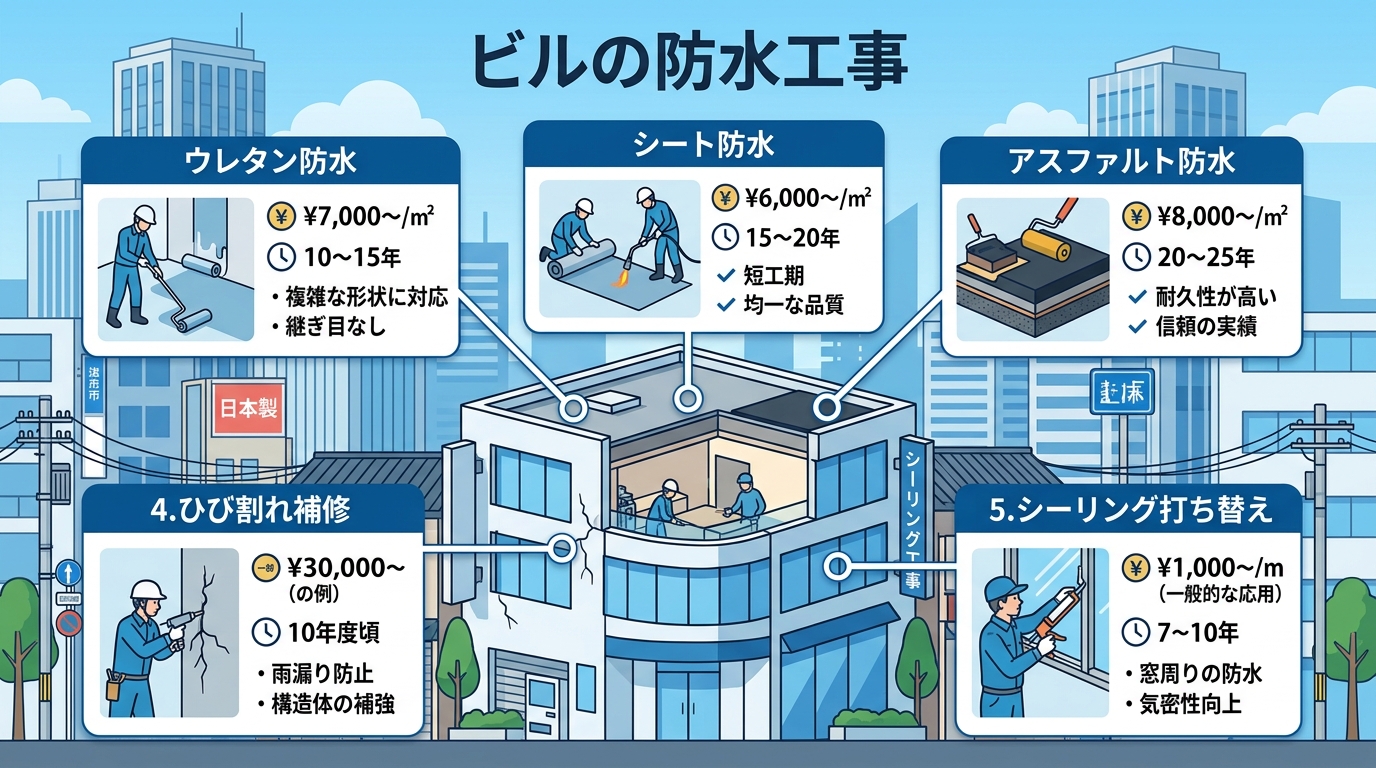 現代日本をベースに、日本人や日本の風景を使用すること, 「ビルの防水工事」というタイトルのインフォグラフィック。中央にモダンなビルのイラストを配置。屋上、外壁、窓から引出し線が伸び、5つの工法（ウレタ