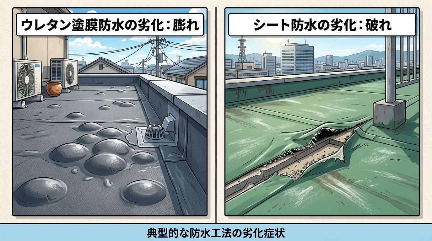 ウレタン防水の塗膜が膨れている写真と、シート防水のシートが破れている写真。防水工法の種類に応じた典型的な劣化症状を並べて見せる。]