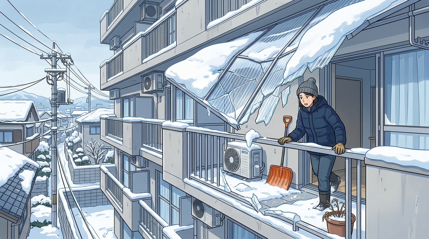 大雪の重みで中央部分がたわみ、パネルが割れてしまったベランダ屋根の被害写真]