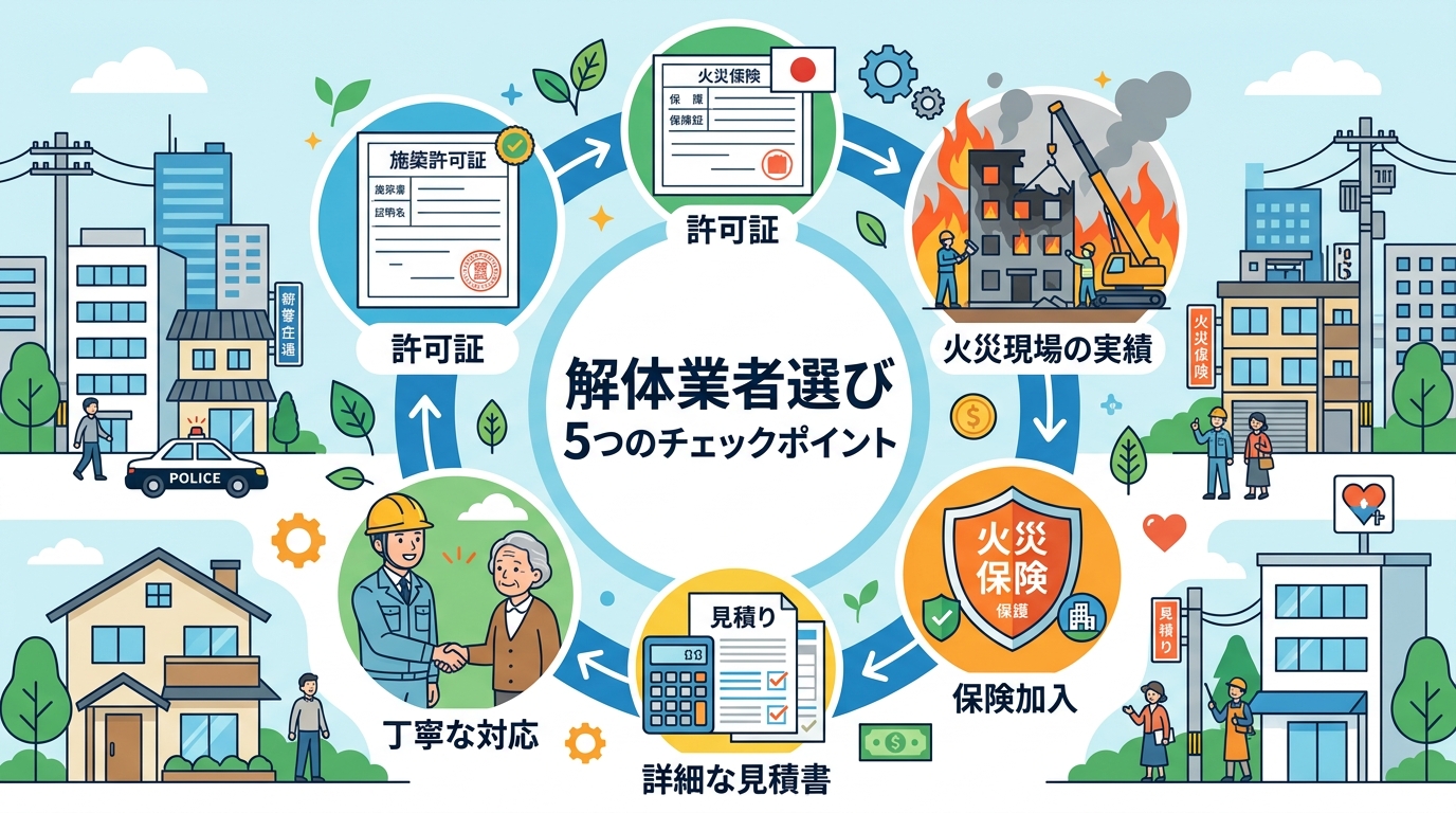 日本人と現代日本の風景, 「信頼できる火事現場の解体業者選び」をテーマにしたインフォグラフィック。中央に「解体業者選び 5つのチェックポイント」というタイトルを配置。その周りに「許可証」「火災現場の実