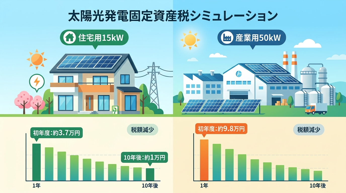 日本人と現代日本を舞台にすること, 太陽光発電の固定資産税シミュレーションをテーマにしたインフォグラフィック。クリーンなフラットデザインのデジタルイラストで作成。画面を左右に分割し、左に家のアイコンと