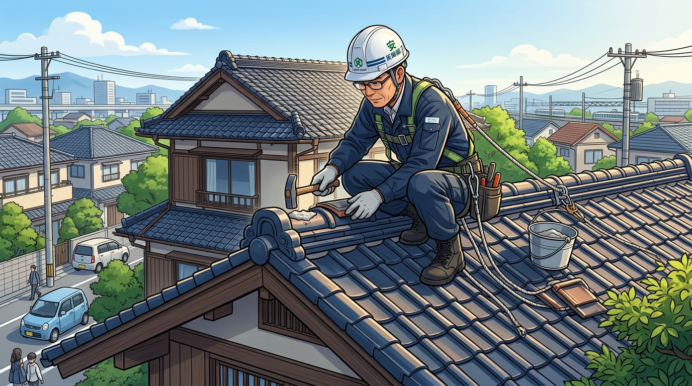 ヘルメットと安全帯を着用し、安全対策を万全にして屋根の上で作業するプロの職人の写真。]