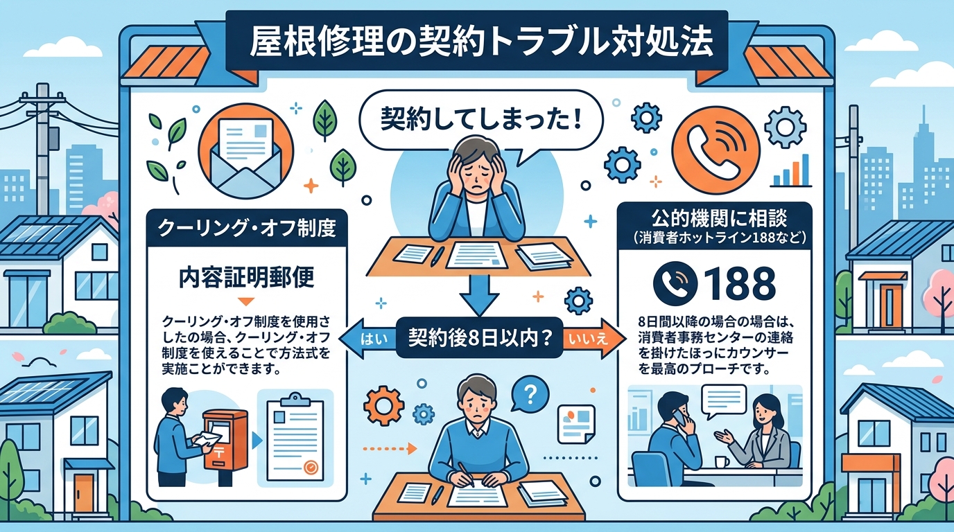 現代日本をベースに、日本人や日本の風景を使用すること, 「屋根修理の契約トラブル対処法」というタイトルのインフォグラフィック。中央に「契約してしまった！」と困る人物のイラストを配置したフローチャート形