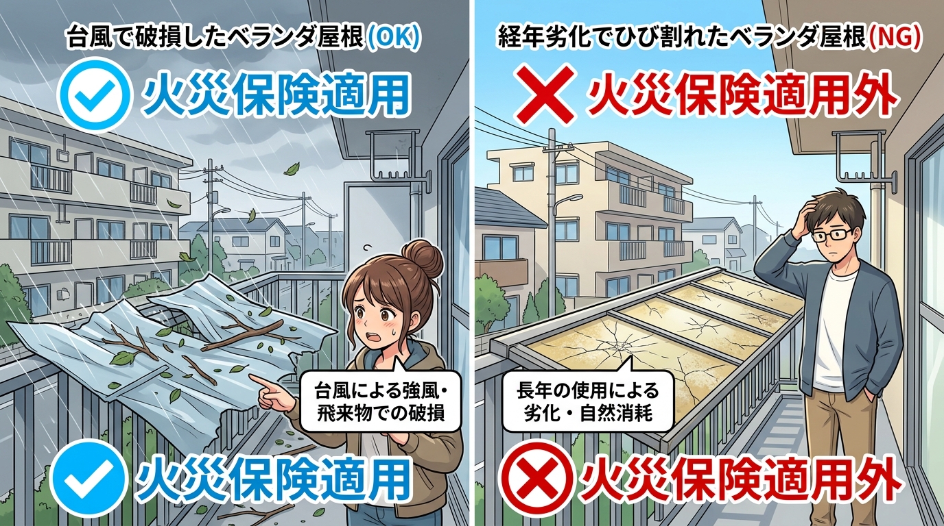 火災保険が適用されるケース（台風で破損したベランダ屋根）と、適用されないケース（経年劣化でひび割れたベランダ屋根）を並べて比較する写真。キャプションで「OK」「NG」を明記する。]