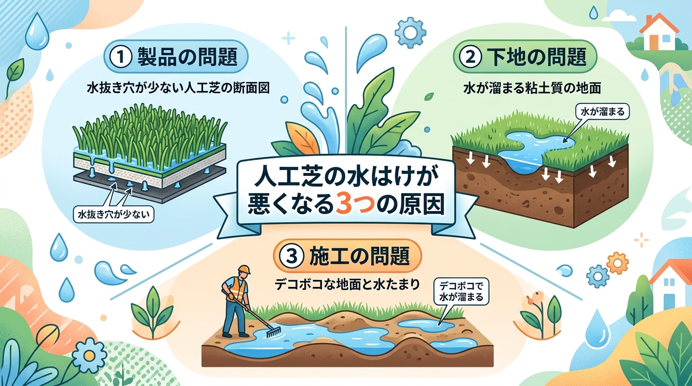 日本人と日本人の近代住宅・風景。参照画像の画風・テイスト・タッチでのイラストの作成。必要に応じてカラーにして。, 「人工芝の水はけが悪くなる3つの原因」をテーマにしたインフォグラフィック。中央にタイト