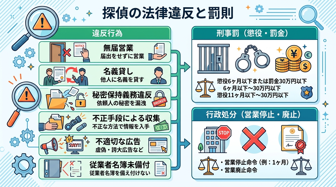 「探偵の法律違反と罰則」というタイトルのインフォグラフィック。左側に「違反行為」のリスト（無届営業、名義貸し等）をアイコン付きで示し、右側に「刑事罰（懲役・罰金）」と「行政処分（営業停止・廃止）」の2