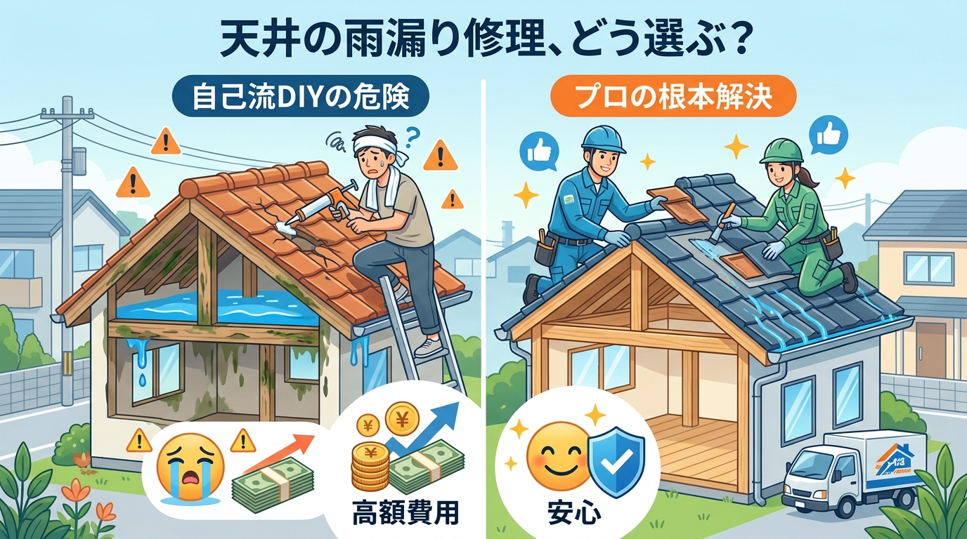 現代日本をベースに、日本人や日本の風景を使用すること, インフォグラフィック、フラットデザイン、デジタルイラスト。「天井の雨漏り修理、どう選ぶ?」というタイトルで、DIYとプロ依頼を比較する図。左に「