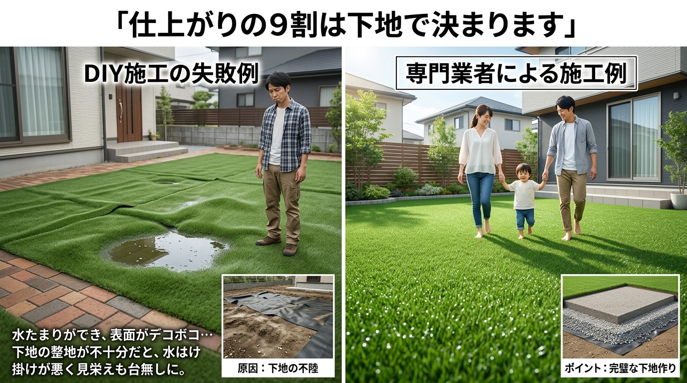 左側にDIYで失敗して水たまりができ、表面がデコボコになった人工芝の写真。右側に専門業者が施工した、雨上がりでも水はけが良くフラットで美しい人工芝の庭の比較写真。キャプションで「仕上がりの9割は下地で