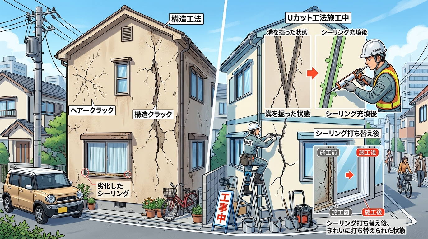 外壁のひび割れ（ヘアークラックと構造クラック）の写真、Uカット工法の施工中（溝を掘った状態とシーリング充填後）の写真、シーリングが劣化した状態と打ち替え後のきれいな状態を比較した写真。]
