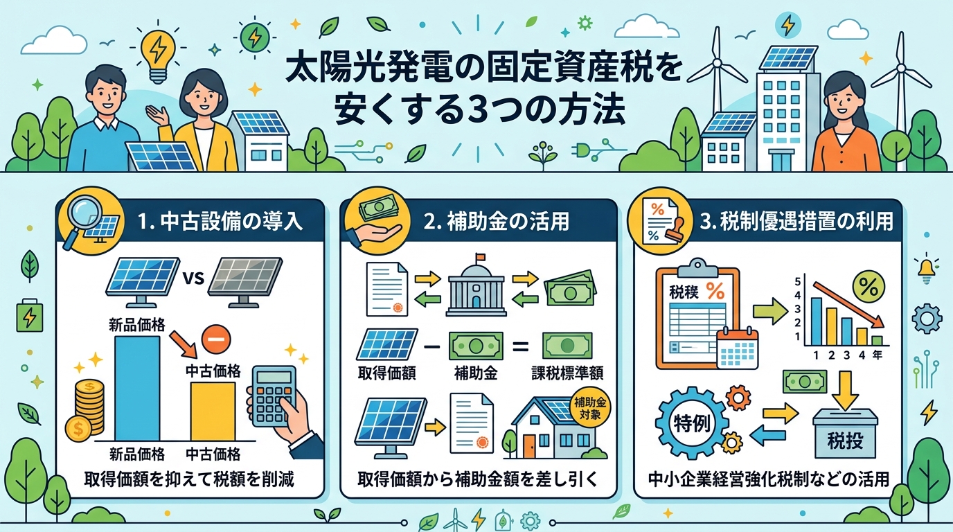 日本人と現代日本を舞台にすること, 「太陽光発電の固定資産税を安くする3つの方法」をテーマにしたインフォグラフィック。デジタルイラスト、フラットデザイン。中央にタイトルを配置し、その下に3つの方法を並