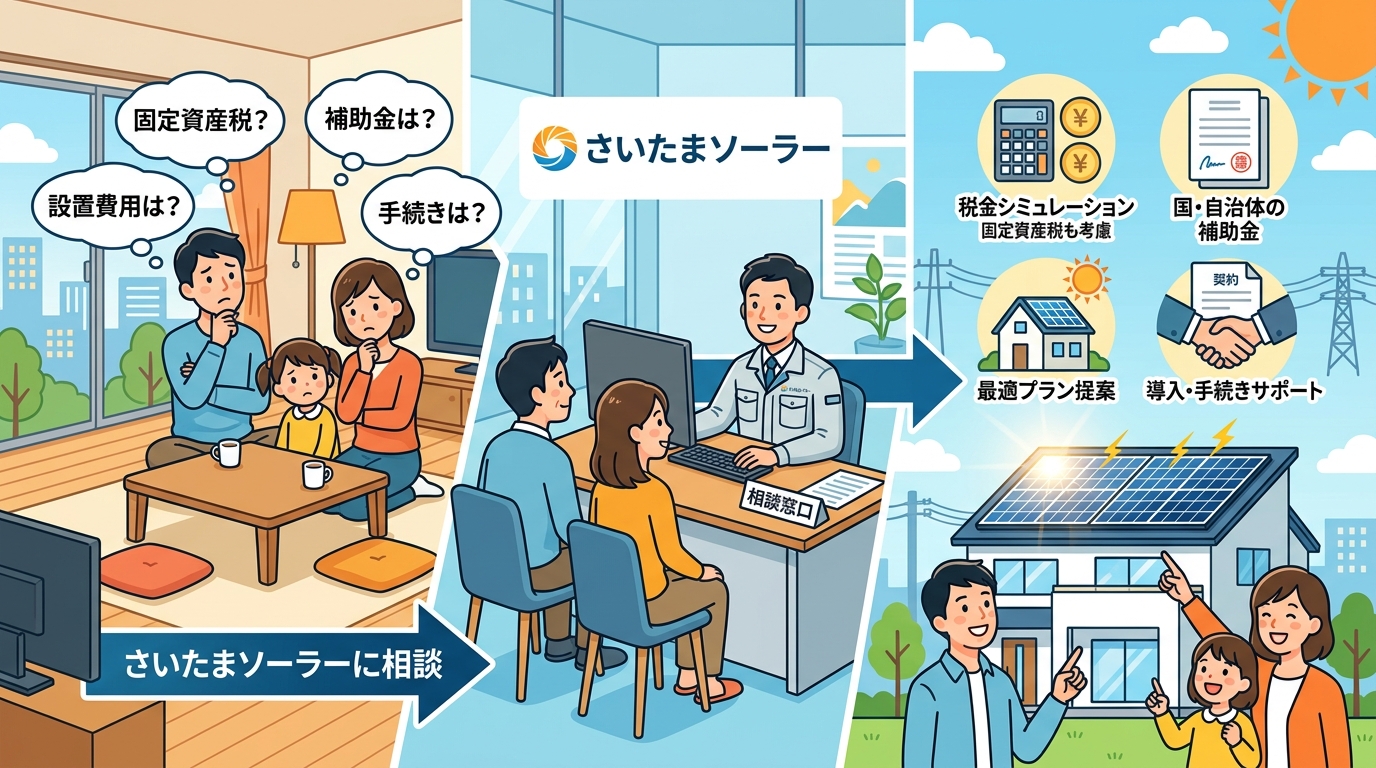 日本人と現代日本を舞台にすること, 太陽光発電の導入で「固定資産税？」「補助金は？」と悩む家族が、「さいたまソーラー」に相談することで解決し安心する流れを描いたインフォグラフィック。左に悩む家族、中央