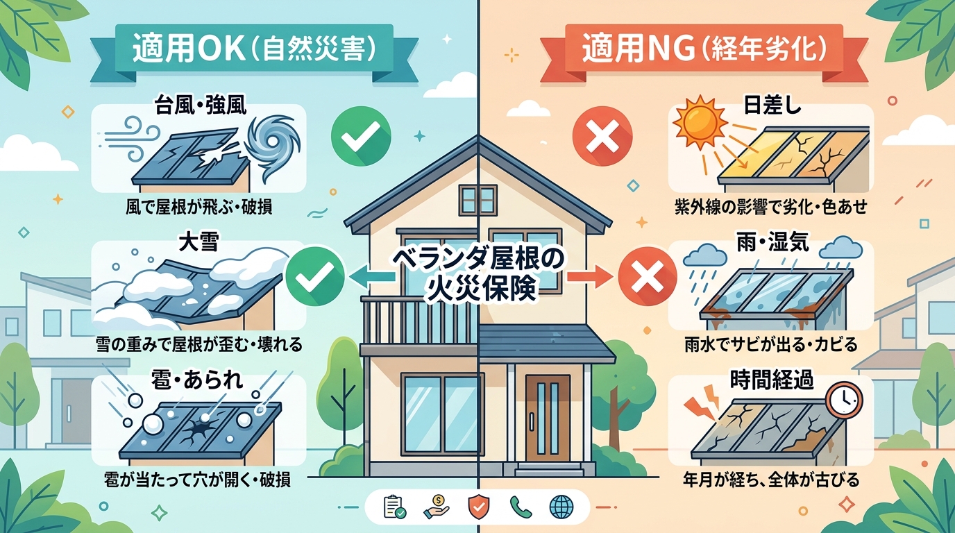 現代日本をベースに、日本人や日本の風景を使用すること, ベランダ屋根の火災保険適用をテーマにしたインフォグラフィック。フラットデザインのデジタルイラスト。画面を左右に分割し、左に「適用OK(自然災害)