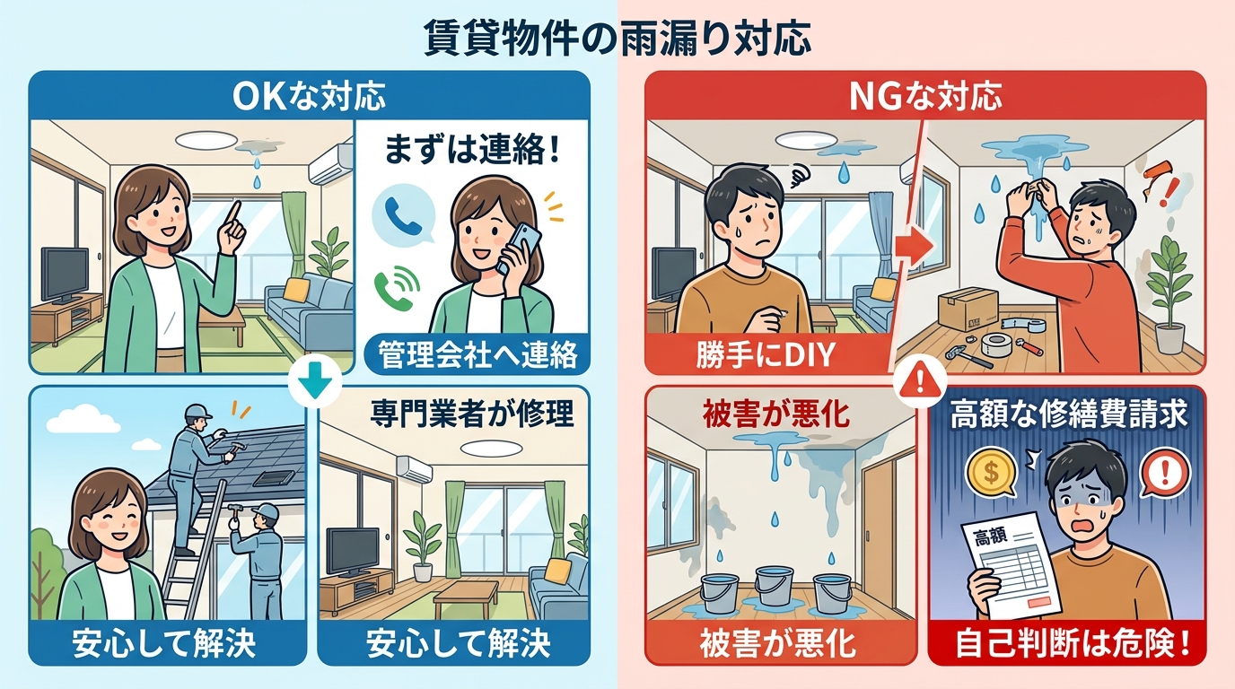 現代日本をベースに、日本人や日本の風景を使用すること, 賃貸物件の雨漏り対応に関するインフォグラフィック。画面を左右に分割し、左は「OKな対応」、右は「NGな対応」を比較。左側は、住民が管理会社に電話