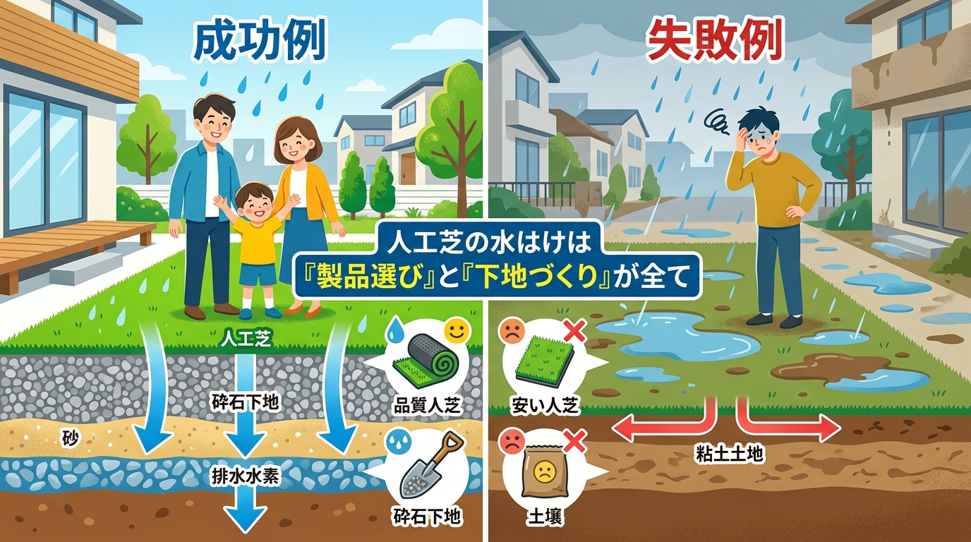 日本人と日本人の近代住宅・風景。参照画像の画風・テイスト・タッチでのイラストの作成。必要に応じてカラーにして。, インフォグラフィック、人工芝の水はけの成功と失敗を比較する図解。左に「成功例」、右に「