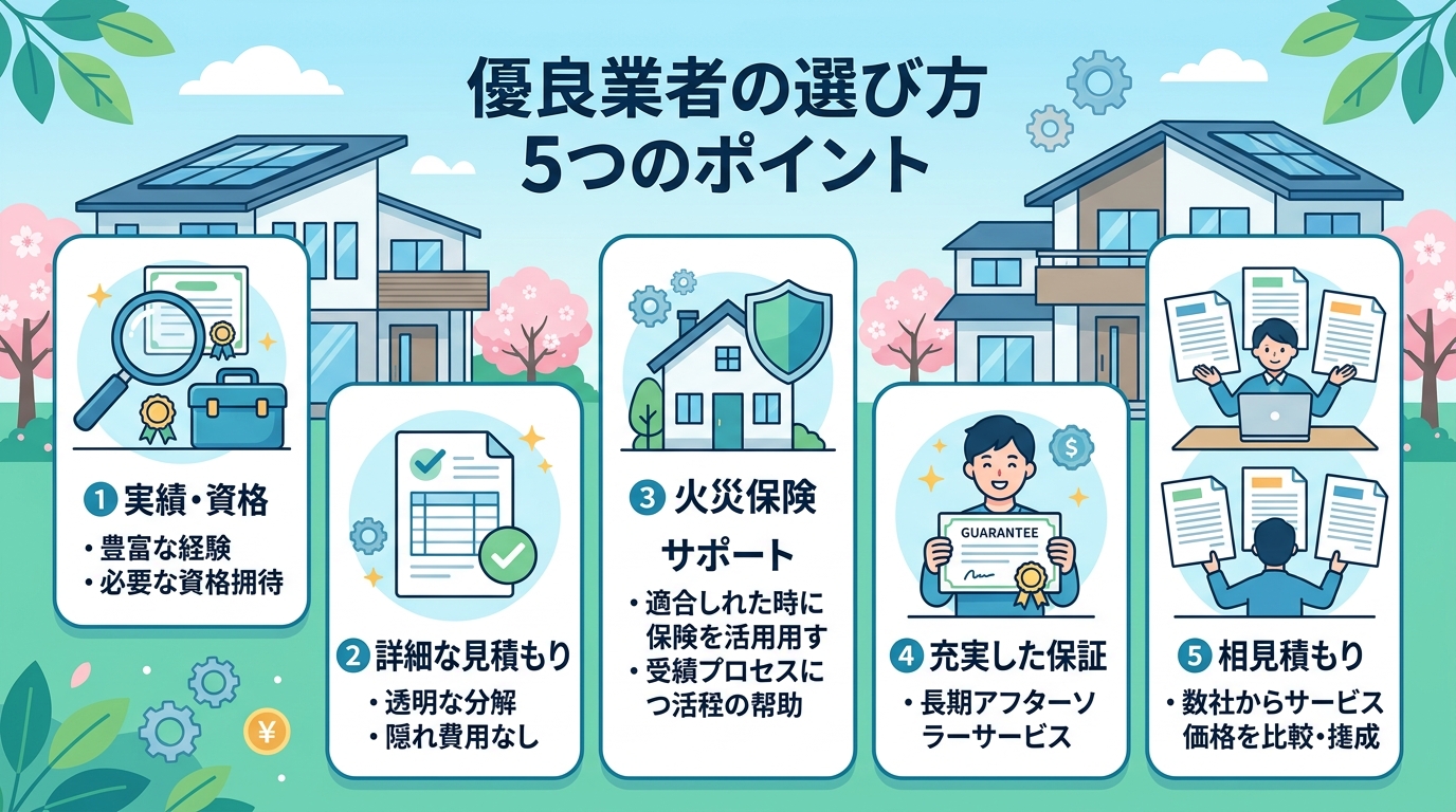 現代日本をベースに、日本人や日本の風景を使用すること, 「信頼できる雨漏り修理業者の選び方」をテーマにしたインフォグラフィック。中央に「優良業者の選び方 5つのポイント」と日本語でタイトルを配置。その