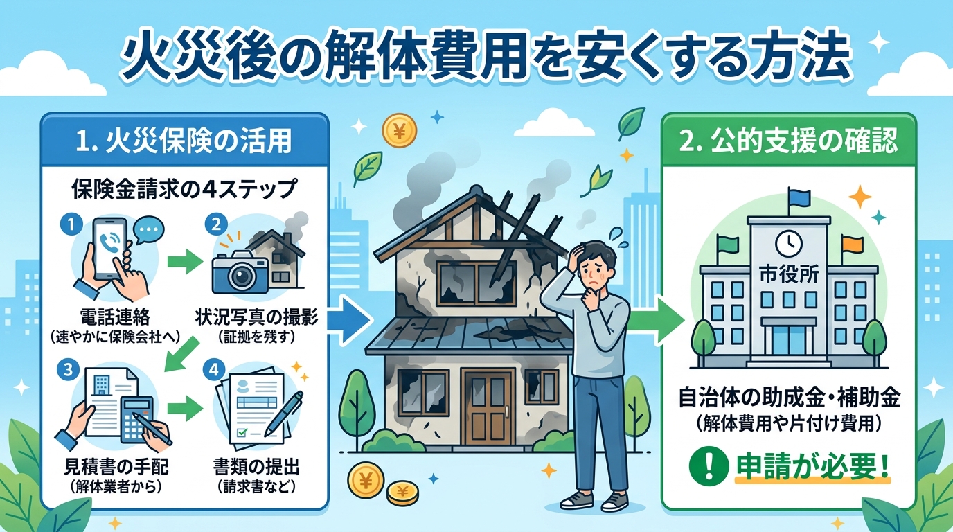 日本人と現代日本の風景, インフォグラフィック、フラットデザイン。タイトルは「火災後の解体費用を安くする方法」。中央に燃えた家と困った顔の人物。解決策として「火災保険」と「公的支援」の2つの項目を配置