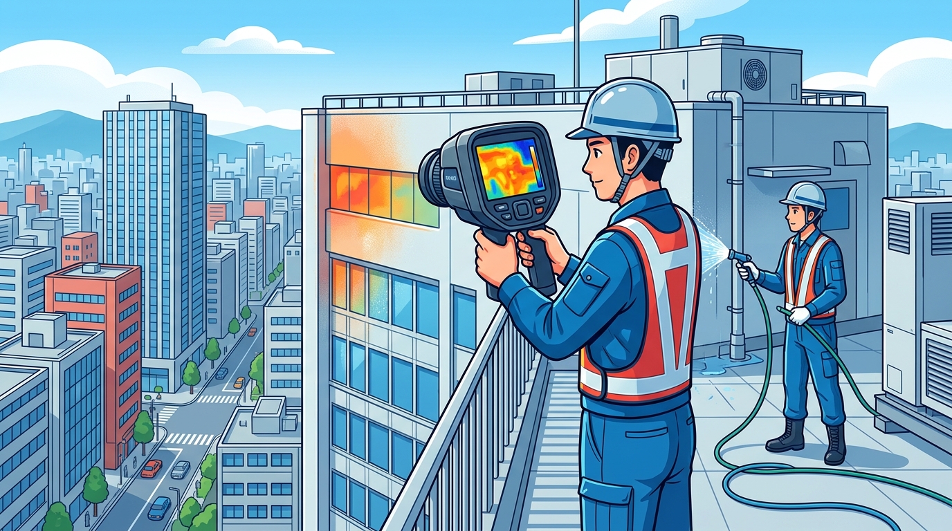 作業員が赤外線カメラや散水ホースを使って、ビルの外壁や屋上を調査している様子の写真。]