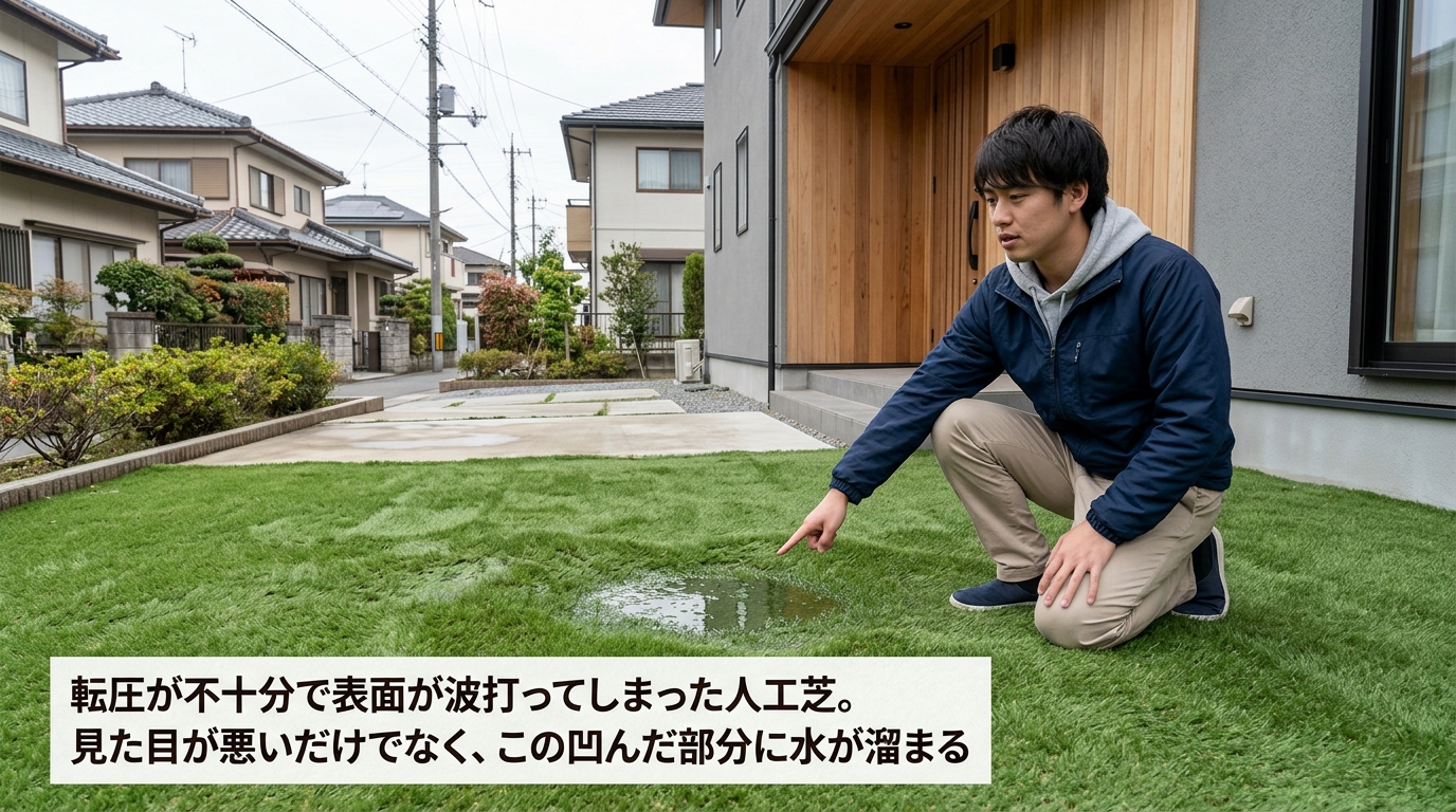 転圧が不十分で表面が波打ってしまった人工芝の写真。「見た目が悪いだけでなく、この凹んだ部分に水が溜まる」というキャプションを添える。]